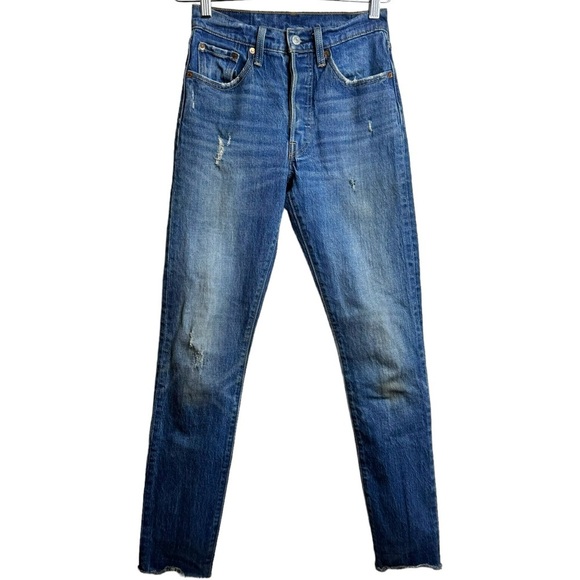 Levi's 501S High Rise Straight Leg Blue Cut Off Raw Hem Red Tab Denim Jeans 24 - Picture 1 of 16